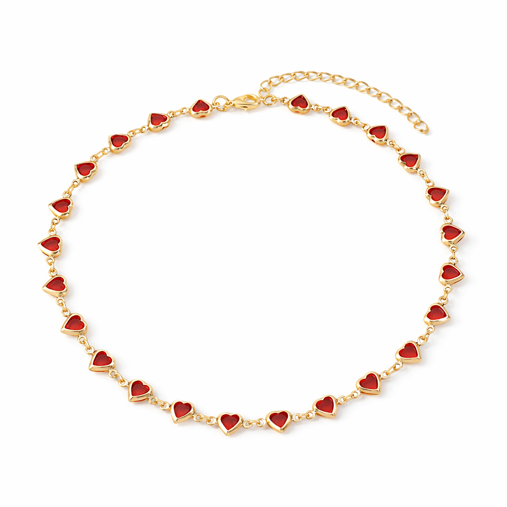 Elegante y de Moda Collar de Corazón Rojo con Cristales de Estrás.