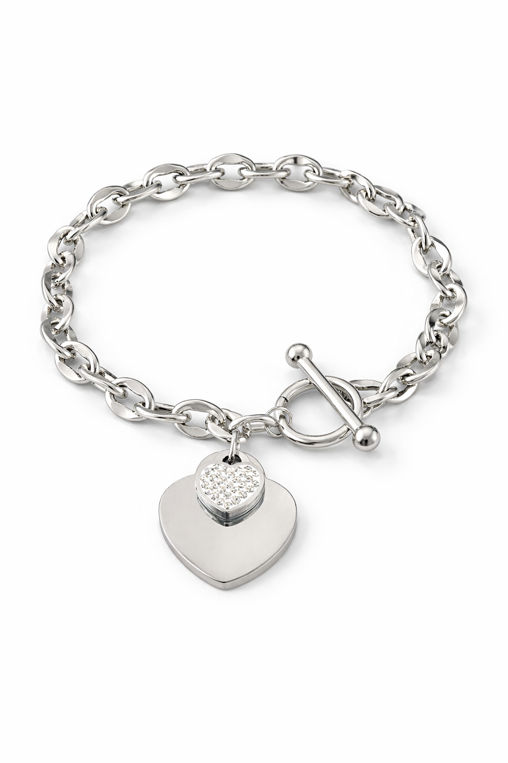 Set de joyería de collar y pulsera (Plateado) con doble corazón de acero inoxidable de moda, resistente al agua.